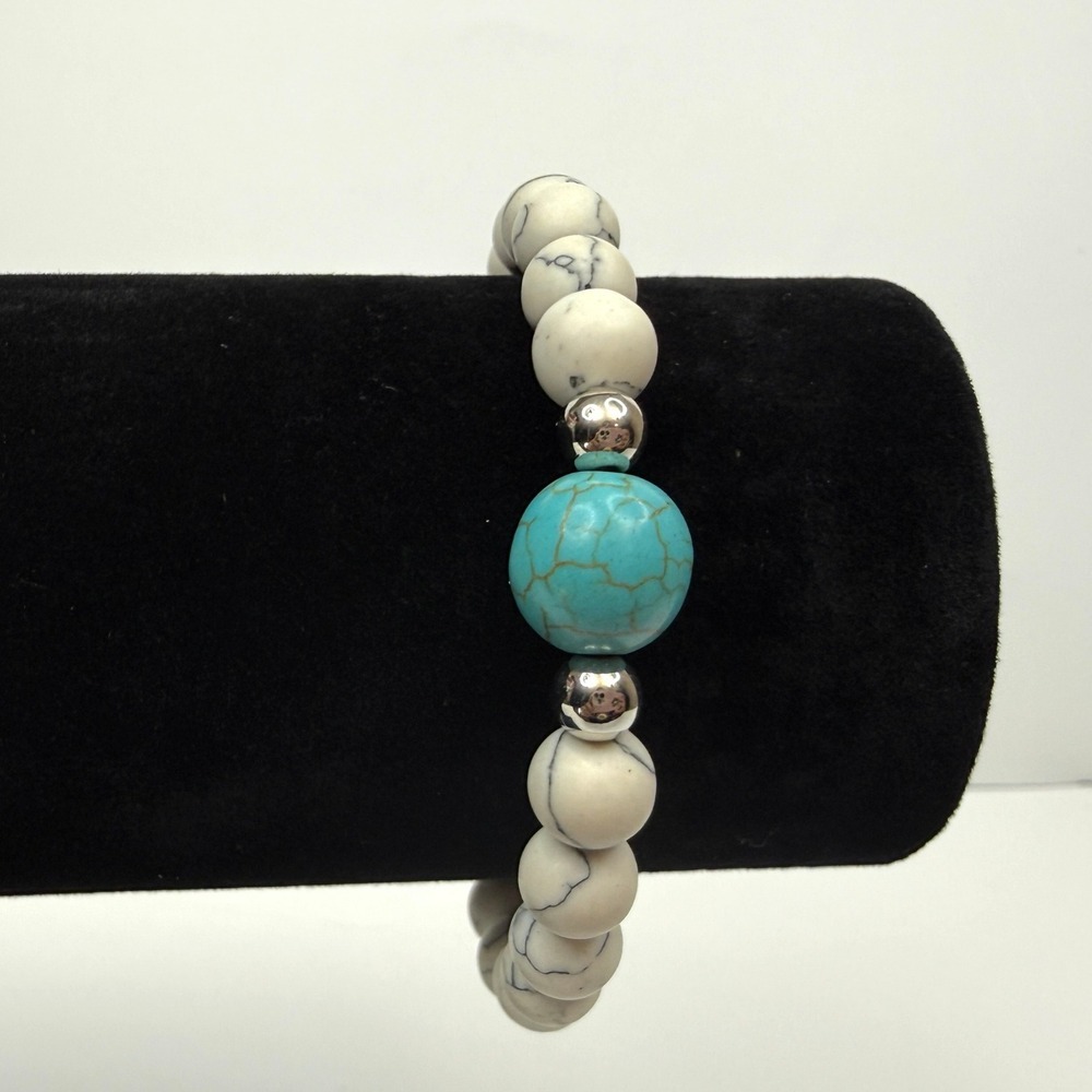 White Howlite Turquoise Cold Stone Bead Bracelet Silver Accent Stretch Jewelry